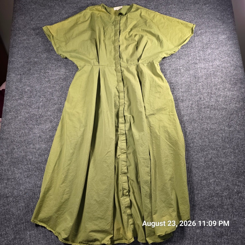 Parterre Olive Green Cotton Button Down Midi Shirt Dress Short Sleeve Large